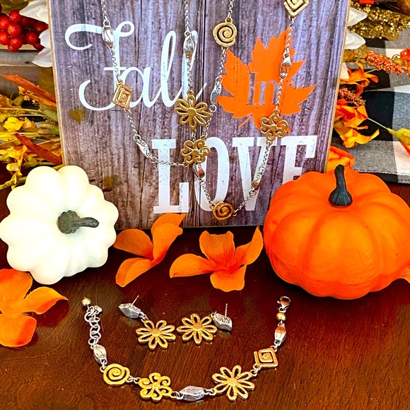 Brighton Jewelry - Brighton VINCENT’S FLOWERS  Long two toned Flower Necklace, Bracelet & Earrings